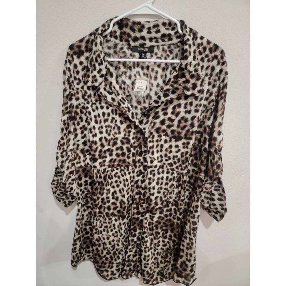 Style & Co Women's 3X Leopard print 3/4 Sleeve Blouse Tunic Top 100% Nylon NWT